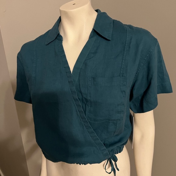 Athleta Short Sleeve Wrap Tie Boho Pocket Collar Linen Blue NWT Crop Top - Picture 4 of 6